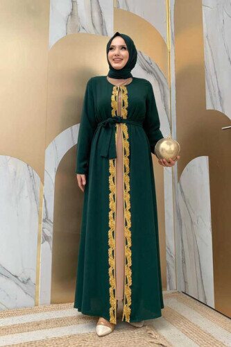 Bel Kuşaklı Boncuk İşlemeli Abaya 7821 Zümrüt - 1