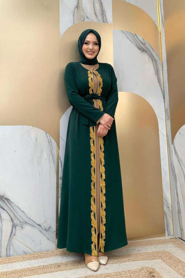 Bel Kuşaklı Boncuk İşlemeli Abaya 7821 Zümrüt - 2