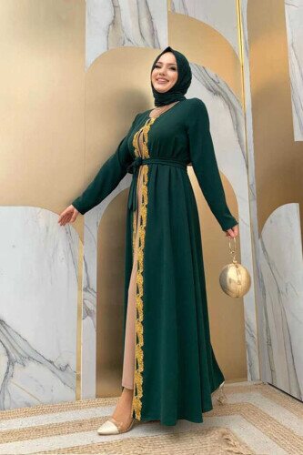 Bel Kuşaklı Boncuk İşlemeli Abaya 7821 Zümrüt - 3