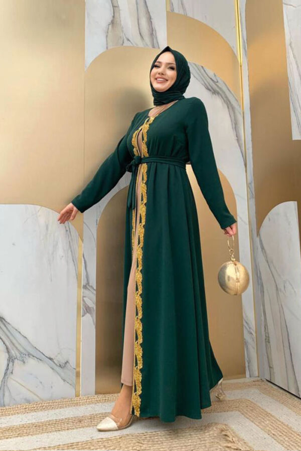 Bel Kuşaklı Boncuk İşlemeli Abaya 7821 Zümrüt - 7