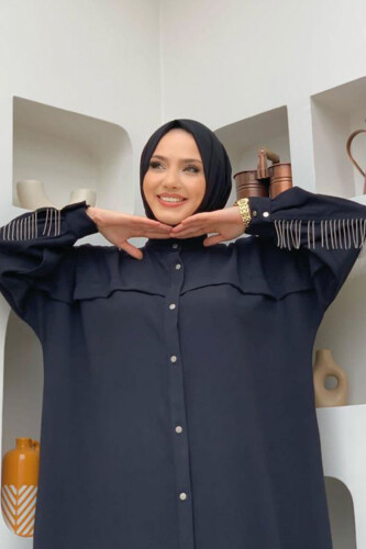 سلسلة خلفية مزينة بشرابة زر أسفل ياقة الخفافيش 7822 أسود - 8