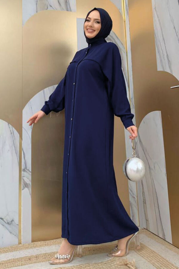 Back Chain Tassel Detail Button Down Bat Collar Abaya 7822 Navy Blue - 6