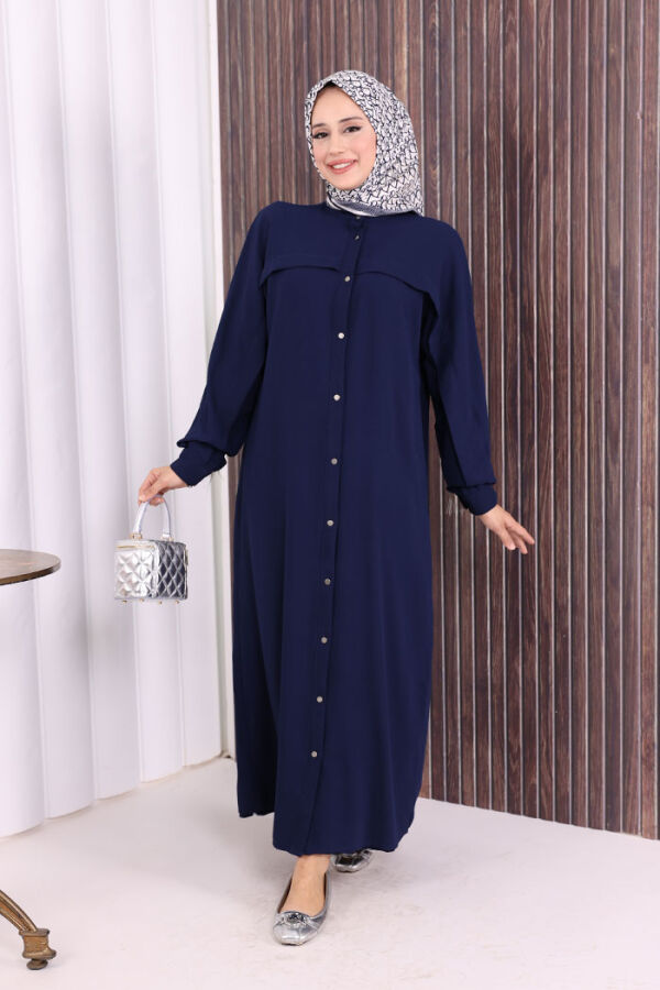 Back Chain Tassel Detail Button Down Bat Collar Abaya 7822 Navy Blue - 1