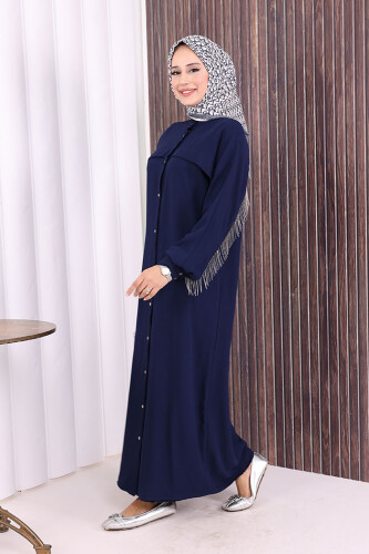 Back Chain Tassel Detail Button Down Bat Collar Abaya 7822 Navy Blue - 2