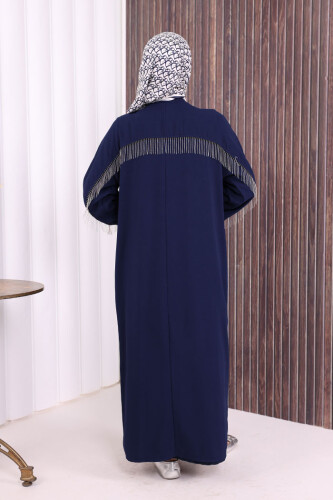 Back Chain Tassel Detail Button Down Bat Collar Abaya 7822 Navy Blue - 3