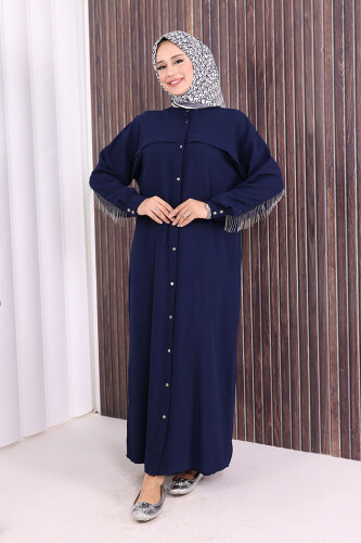 Back Chain Tassel Detail Button Down Bat Collar Abaya 7822 Navy Blue - 4