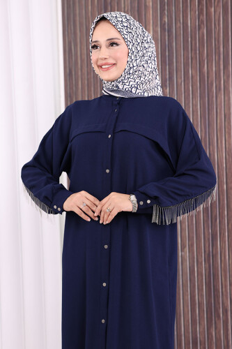 Back Chain Tassel Detail Button Down Bat Collar Abaya 7822 Navy Blue - 5
