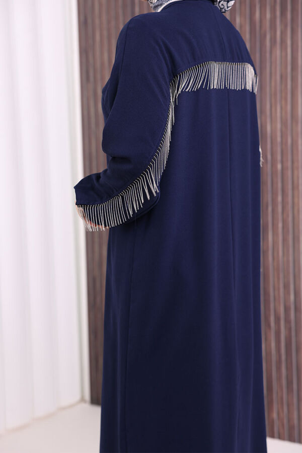 Back Chain Tassel Detail Button Down Bat Collar Abaya 7822 Navy Blue - 6