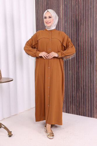 Hinten Kette Quaste Detail Button-Down-Fledermauskragen Abaya 7822 Taba - 1