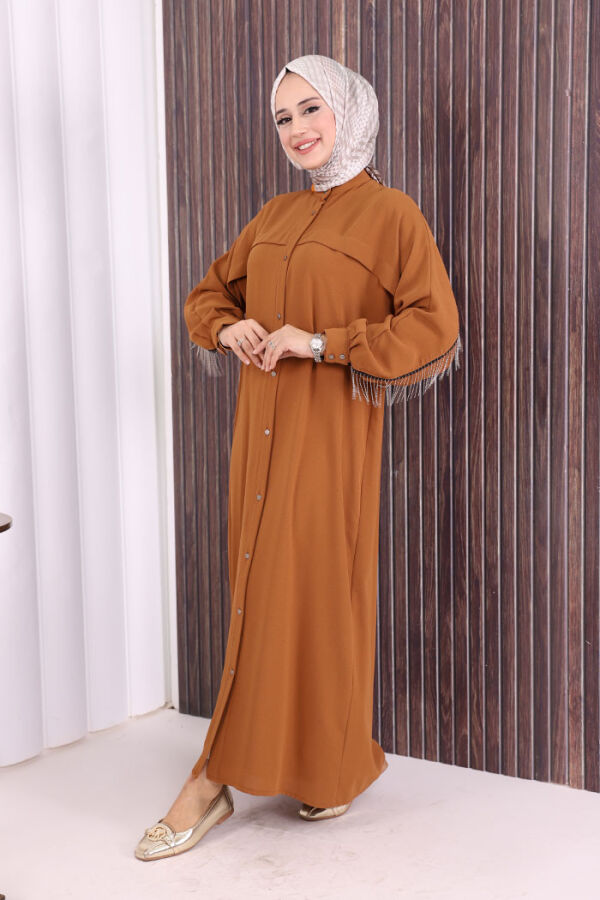 Back Chain Tassel Detail Button Down Bat Collar Abaya 7822 Taba - 4