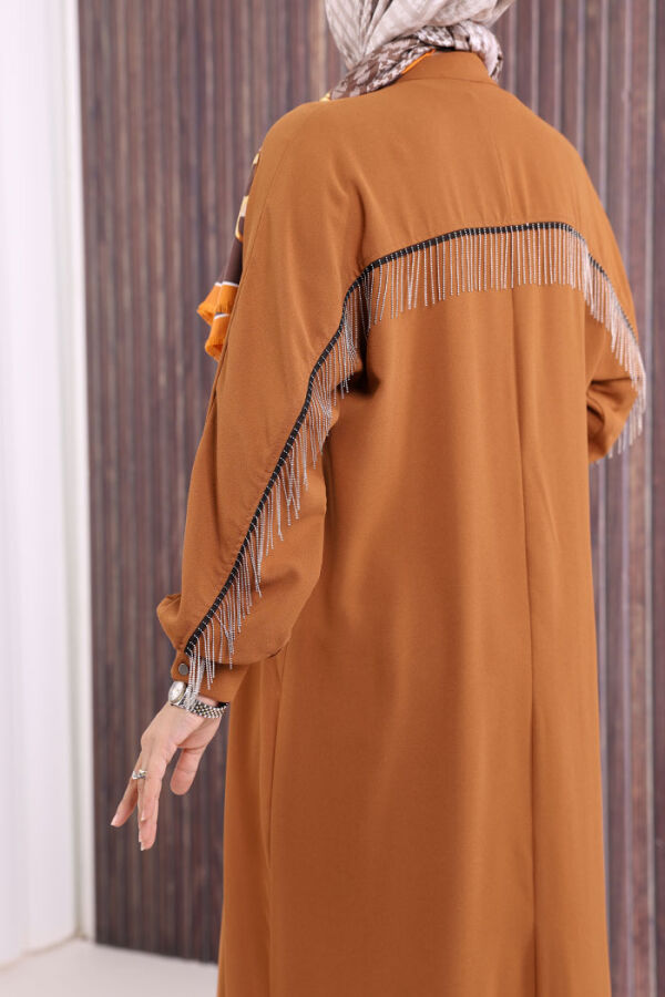 Back Chain Tassel Detail Button Down Bat Collar Abaya 7822 Taba - 6