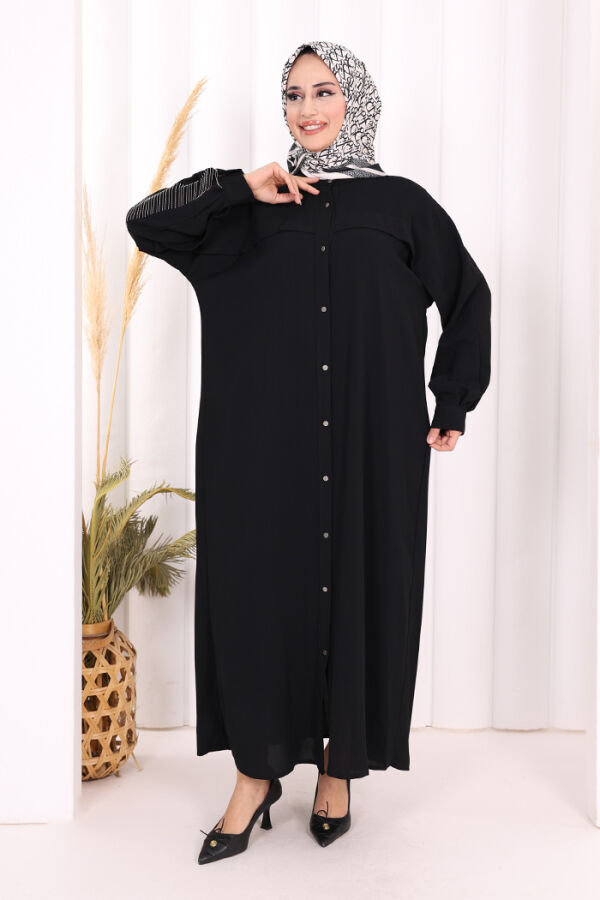 Arkası Zincir Püskül Detay Boydan Düğmeli Yarasakol Ferace 7822 Siyah - 1