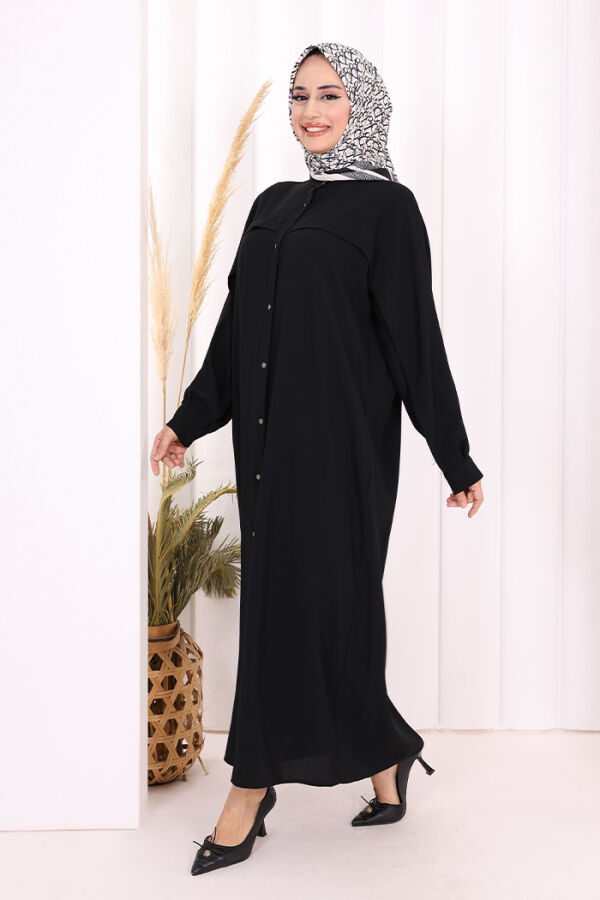 Arkası Zincir Püskül Detay Boydan Düğmeli Yarasakol Ferace 7822 Siyah - 3