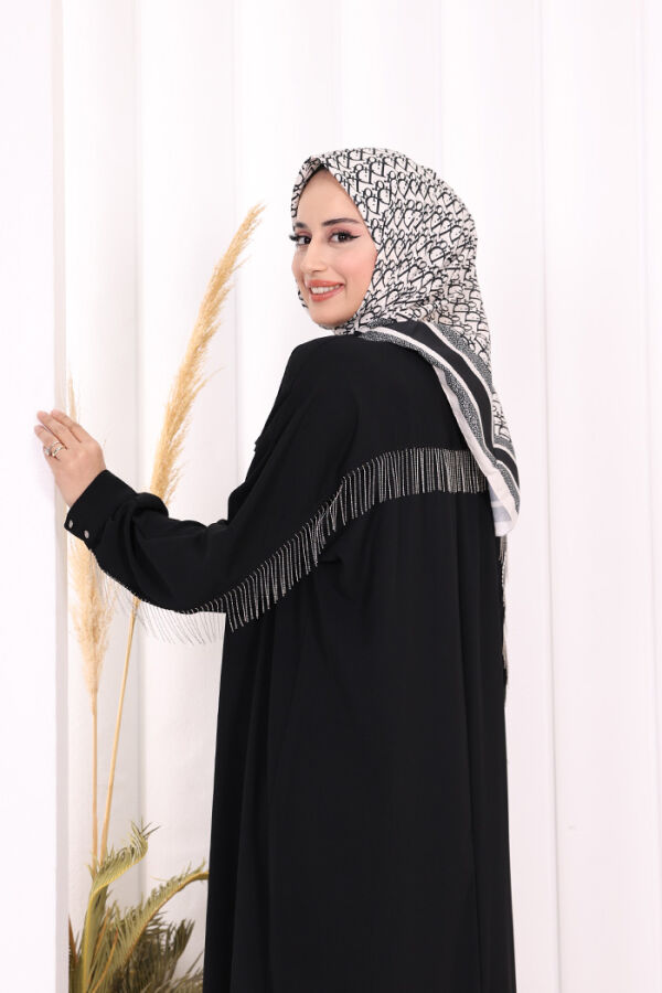 Arkası Zincir Püskül Detay Boydan Düğmeli Yarasakol Ferace 7822 Siyah - 5