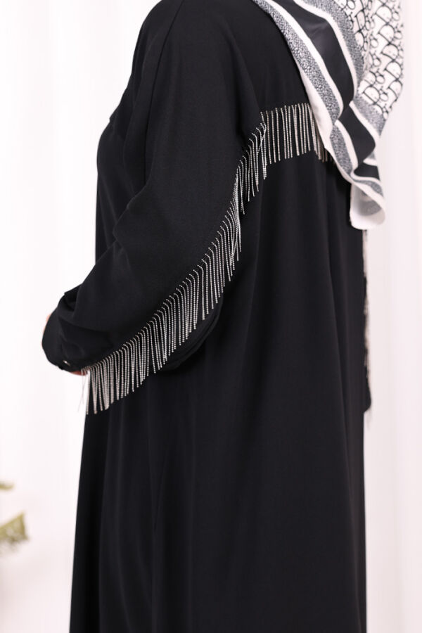 Arkası Zincir Püskül Detay Boydan Düğmeli Yarasakol Ferace 7822 Siyah - 6