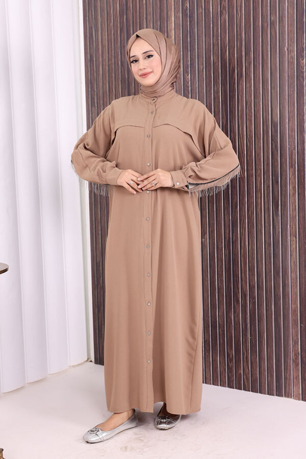 Arkası Zincir Püskül Detay Boydan Düğmeli Yarasakol Ferace 7822 Vizon - 1