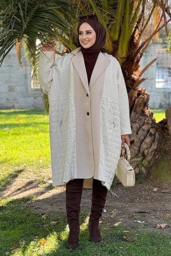 Önü Düğmeli Astarlı Kaşe Kapitone Kaban 7845 Taş - Bym Fashion