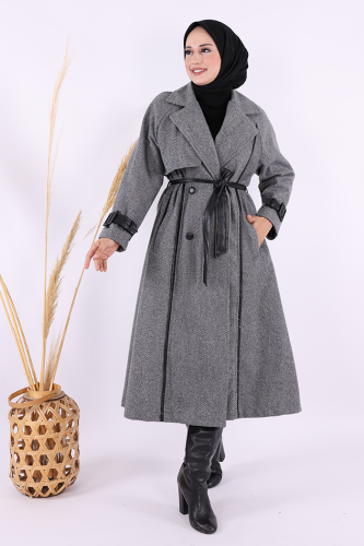 Astarlı Deri Detay Bel Kuşaklı Kaşe Kaban 7868 Gri - Bym Fashion