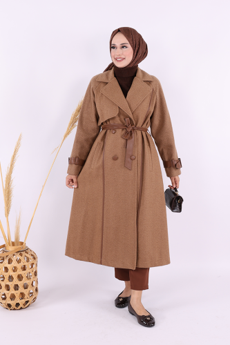 Astarlı Deri Detay Bel Kuşaklı Kaşe Kaban 7868 Kahverengi - Bym Fashion