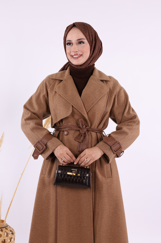 Astarlı Deri Detay Bel Kuşaklı Kaşe Kaban 7868 Kahverengi - 5