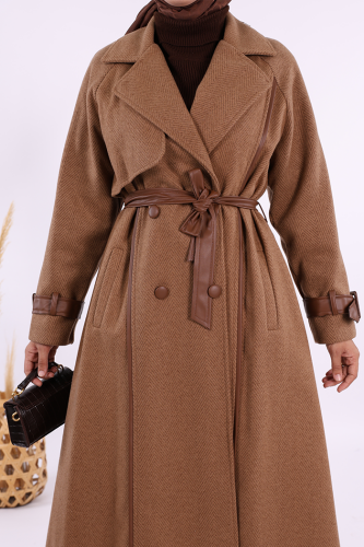 Astarlı Deri Detay Bel Kuşaklı Kaşe Kaban 7868 Kahverengi - 6