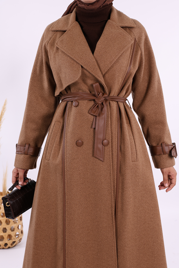 Astarlı Deri Detay Bel Kuşaklı Kaşe Kaban 7868 Kahverengi - 6