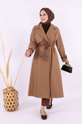 Astarlı Deri Detay Bel Kuşaklı Kaşe Kaban 7868 Kahverengi - 2
