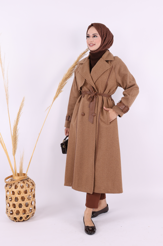 Astarlı Deri Detay Bel Kuşaklı Kaşe Kaban 7868 Kahverengi - 3