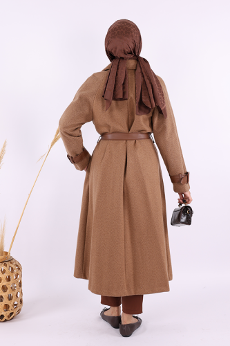 Astarlı Deri Detay Bel Kuşaklı Kaşe Kaban 7868 Kahverengi - 7