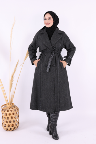 Astarlı Deri Detay Bel Kuşaklı Kaşe Kaban 7868 Siyah - Bym Fashion