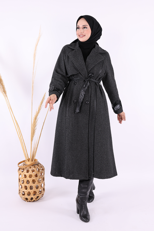 Astarlı Deri Detay Bel Kuşaklı Kaşe Kaban 7868 Siyah - 2