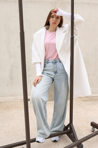 Bel Kuşaklı Yaka Taş Broş Detaylı Kaban 7874 Ekru - Bym Fashion