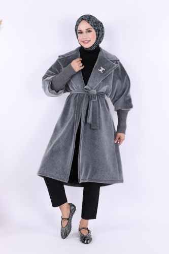 Bel Kuşaklı Yaka Taş Broş Detaylı Kaban 7874 Gri - Bym Fashion