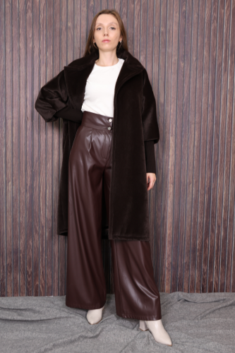 Bel Kuşaklı Yaka Taş Broş Detaylı Kaban 7874 Kahverengi - Bym Fashion