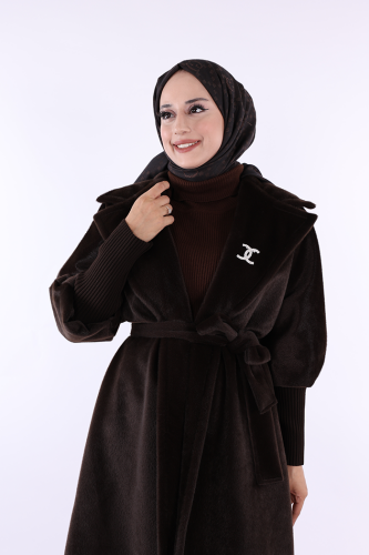 Bel Kuşaklı Yaka Taş Broş Detaylı Kaban 7874 Kahverengi - 5