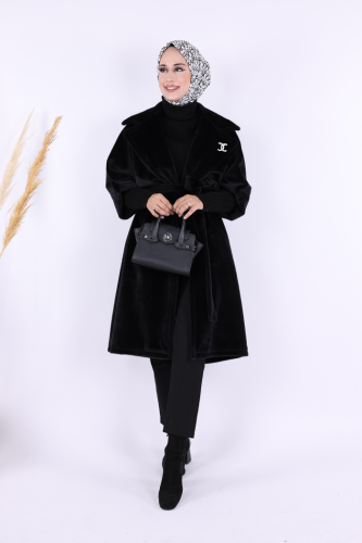 Bel Kuşaklı Yaka Taş Broş Detaylı Kaban 7874 Siyah - Bym Fashion