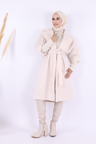 Bel Kuşaklı Yaka Taş Broş Detaylı Kaban 7874 Taş - Bym Fashion