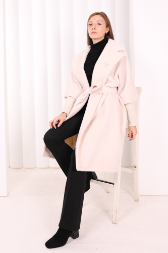 Bel Kuşaklı Yaka Taş Broş Detaylı Kaban 7874 Taş - Bym Fashion