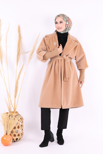 Bel Kuşaklı Yaka Taş Broş Detaylı Kaban 7874 Vizon - Bym Fashion