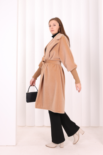 Bel Kuşaklı Yaka Taş Broş Detaylı Kaban 7874 Vizon - Bym Fashion