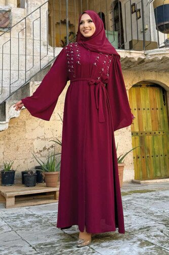 Taşlı Boncuklu İşleme Detaylı Ferace 7882 Bordo - Bym Fashion
