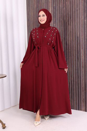 Taşlı Boncuklu İşleme Detaylı Ferace 7882 Bordo 