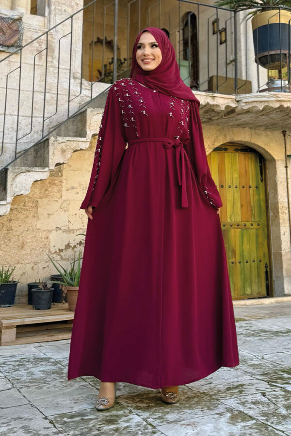 Taşlı Boncuklu İşleme Detaylı Ferace 7882 Bordo - 6