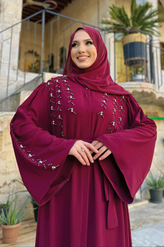 Taşlı Boncuklu İşleme Detaylı Ferace 7882 Bordo - 8