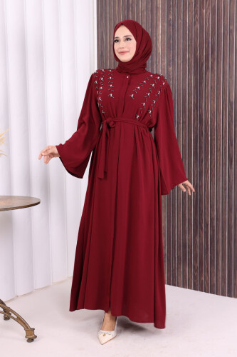 Taşlı Boncuklu İşleme Detaylı Ferace 7882 Bordo - 2