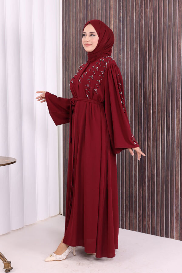 Taşlı Boncuklu İşleme Detaylı Ferace 7882 Bordo - 3