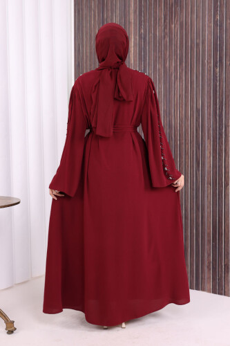 Taşlı Boncuklu İşleme Detaylı Ferace 7882 Bordo - 4