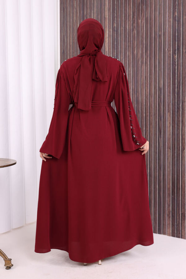 Taşlı Boncuklu İşleme Detaylı Ferace 7882 Bordo - 4