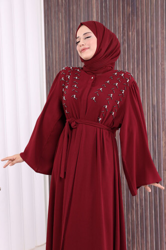 Taşlı Boncuklu İşleme Detaylı Ferace 7882 Bordo - 5