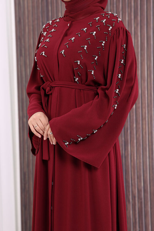 Taşlı Boncuklu İşleme Detaylı Ferace 7882 Bordo - 6